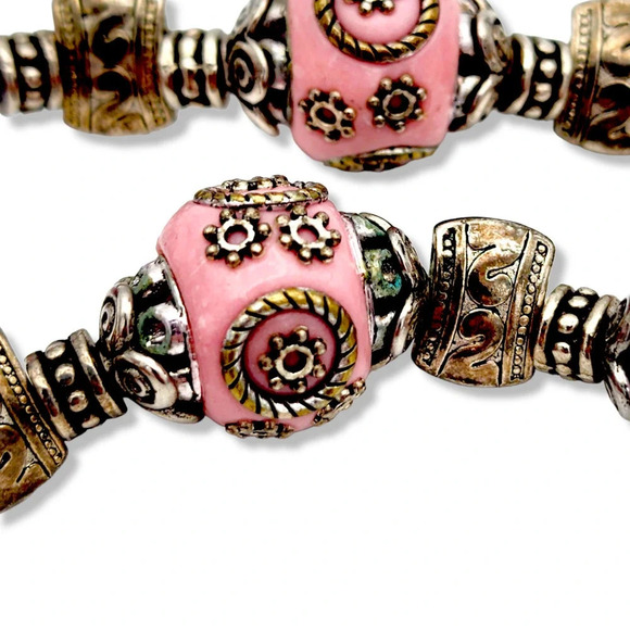 22" Pink Wedding Cake Embossed Enamel Beaded Statement Necklace Watermelon Beads - Picture 3 of 12